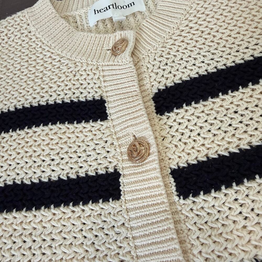 Heartloom Knit Cardigan Beige Navy Stripes Gold Button Nautical Coastal Preppy S - Picture 6 of 7